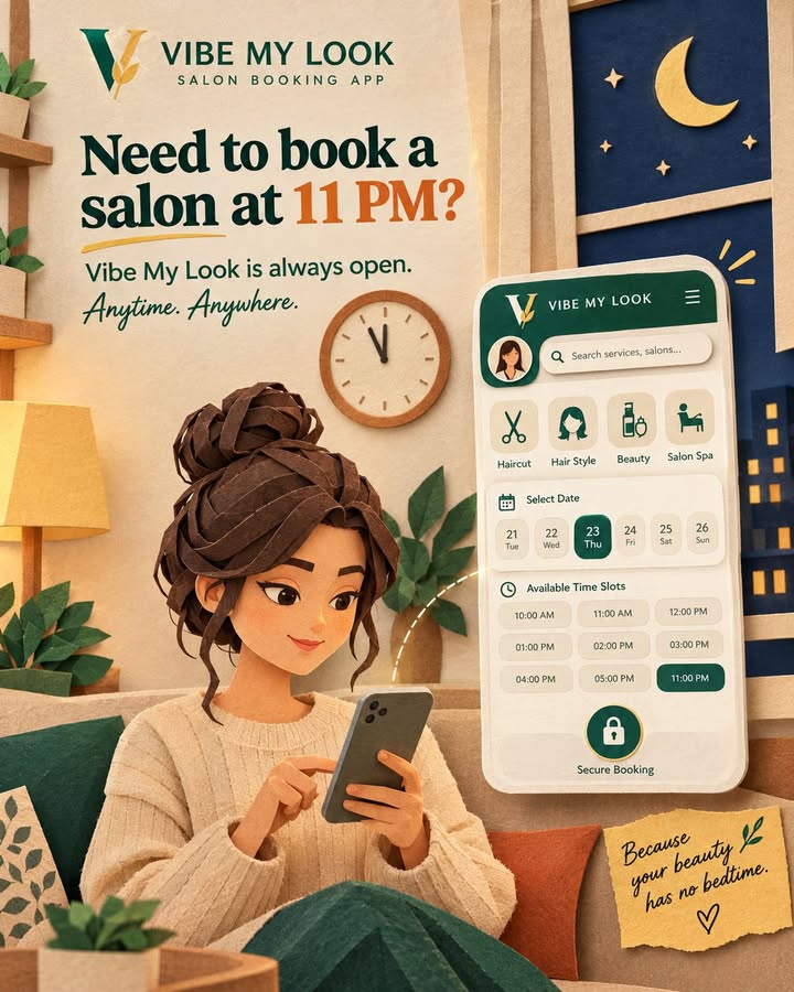 Customer raat 11 baje VibeMyLook app se salon slot book kar rahi hai