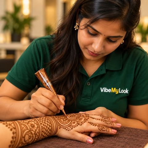 A mehendi artist applying intricate bridal mehendi on a hand for Navratri celebration